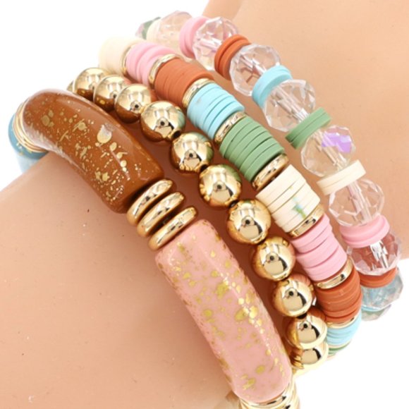 1080-4-Pcs Stretch Stack Bamboo Beads Bracelet Set-Pink Multi - Picture 1 of 4